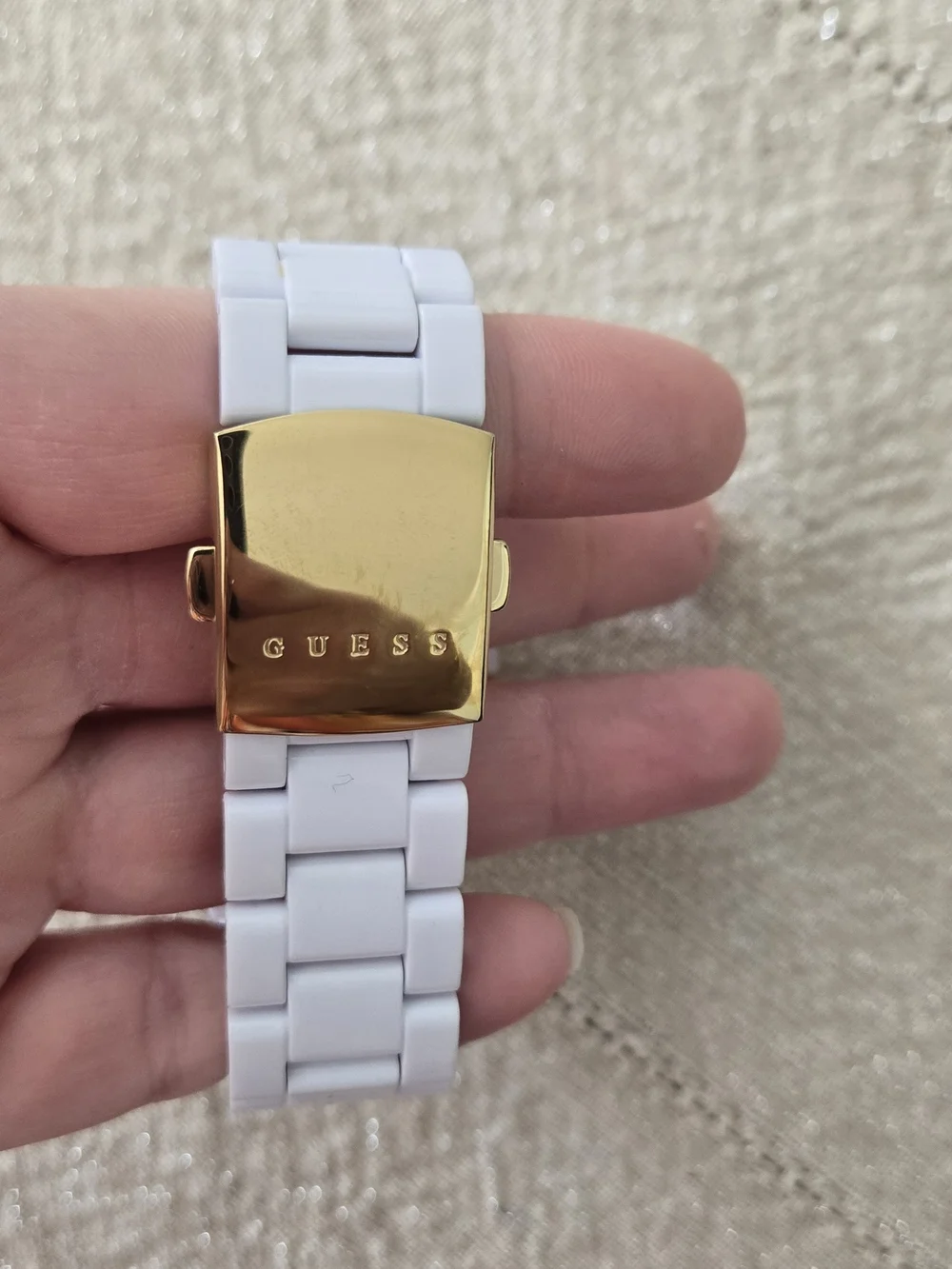 GUESS Women's White and Gold Crystal-Accent Silicone Watch - Picture 7 of 9